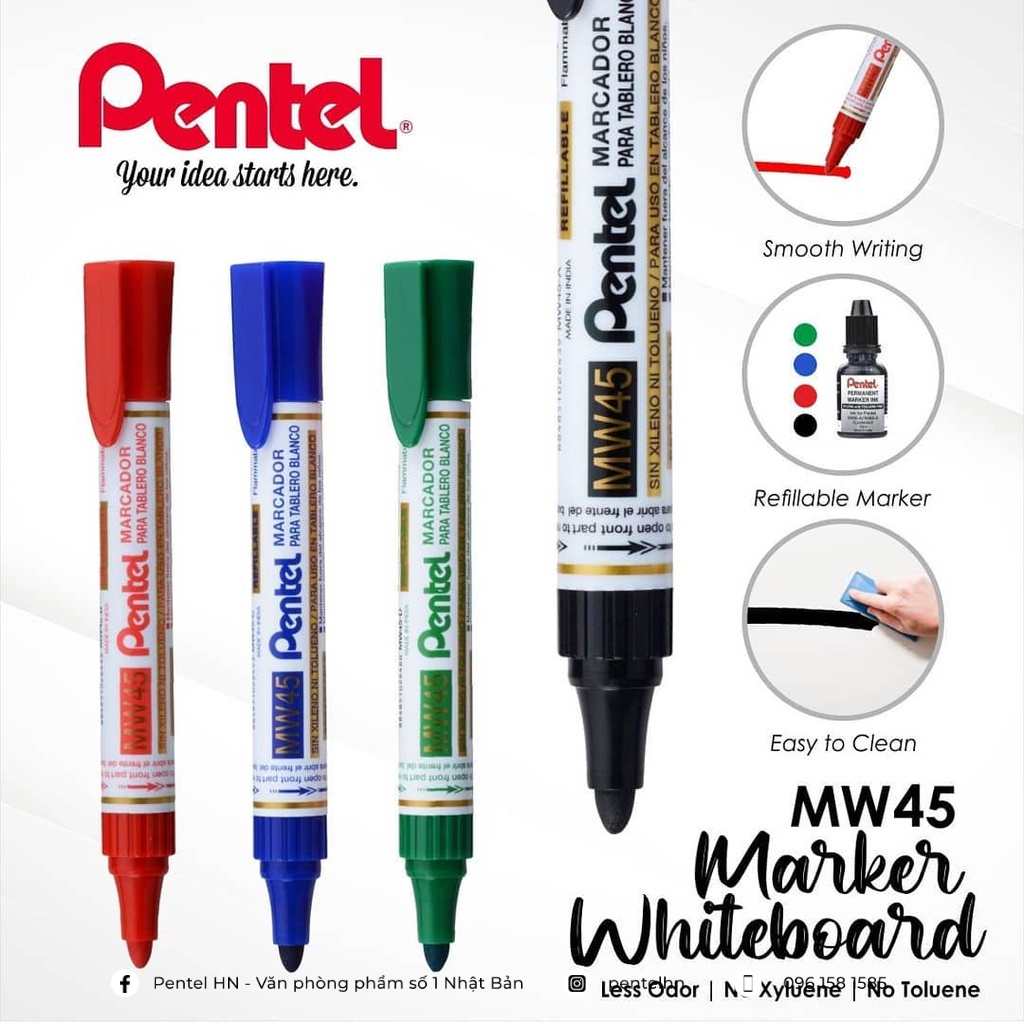 Bút Dạ Bảng Pentel MW45 | Thiết Kế Xoay Có Thể Thay Mực | Màu Mực Sáng, Đậm, Dễ Lau Chùi