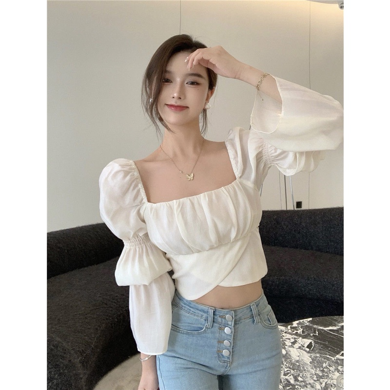 Áo Sơ Mi Trắng Tay Loe Cổ Vuông Thắt Nơ Eo Mẫu Mới Phong Cách Pháp Thời Trang Cho Nữ