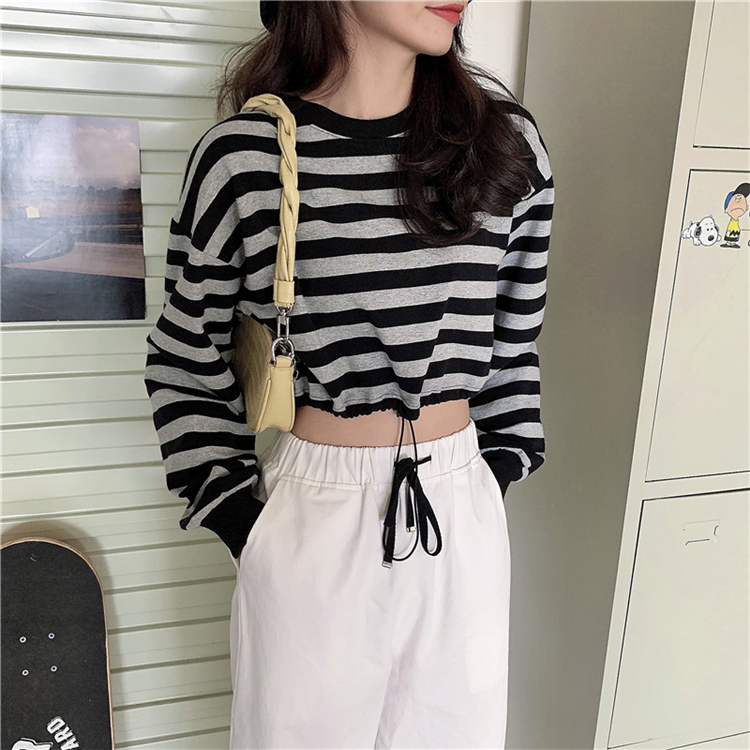 SUXI Áo Thun Tay Dài Form Rộng Họa Tiết Kẻ Sọc Phong Cách Hàn Quốc