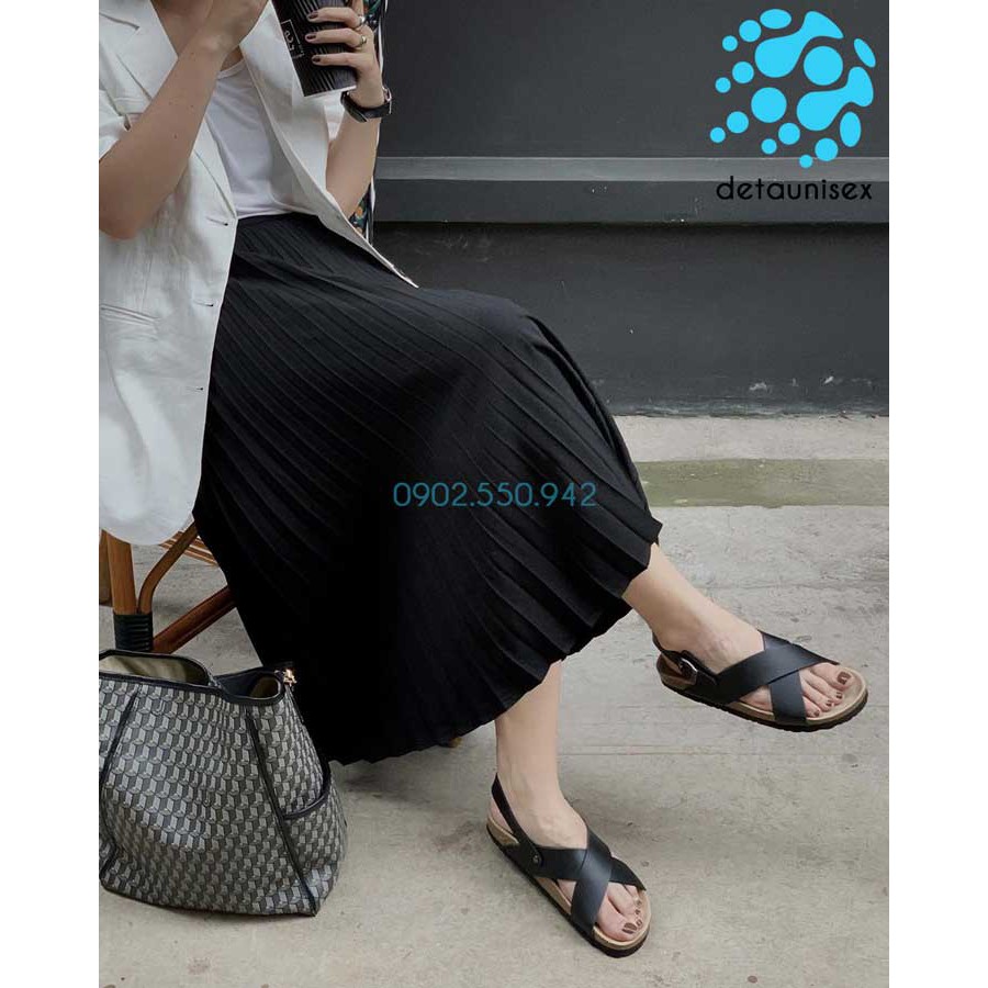 [CỰC RẺ] GIÀY SANDAL NAM NỮ QUAI CHÉO ĐẾ TRẤU BIRKEN DA PU ĐEN - SATA23D