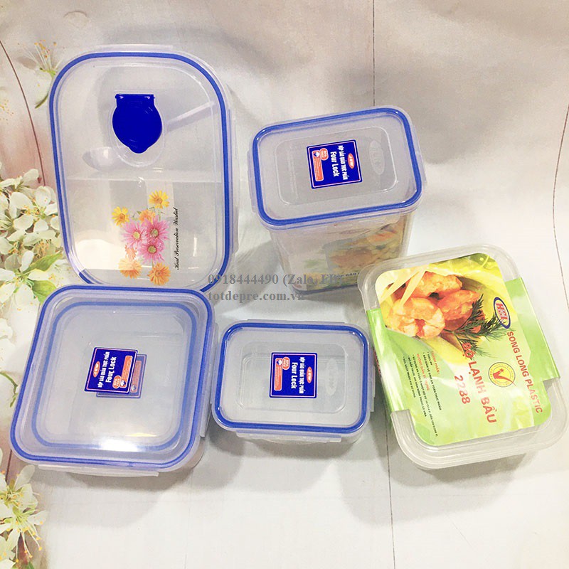 Set Hộp bảo quản thực phẩm nhựa Song Long dày đẹp loại 4 khóa có roong hoặc lắp cài