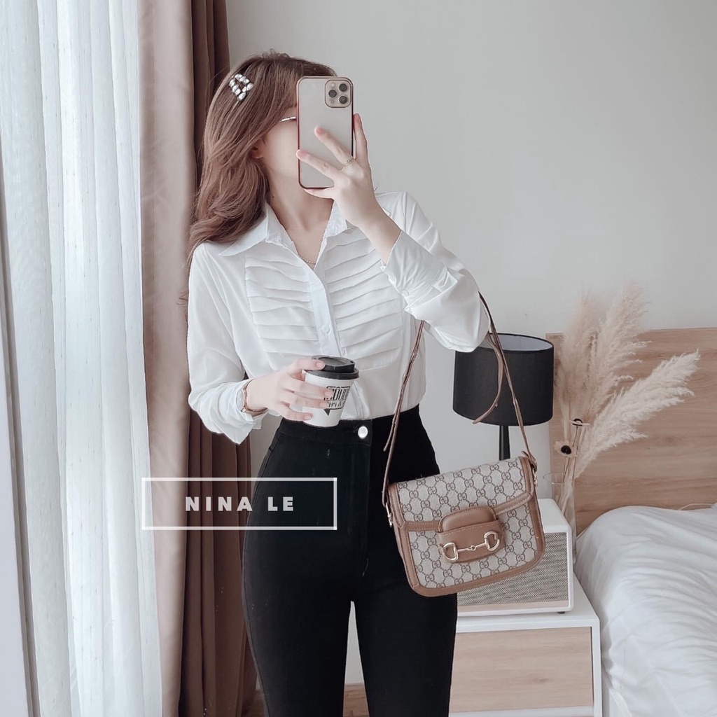 Áo sơ mi chữ C xanh nữ đẹp kiểu form rộng tay dài hình thêu. ZADOLA FASHION