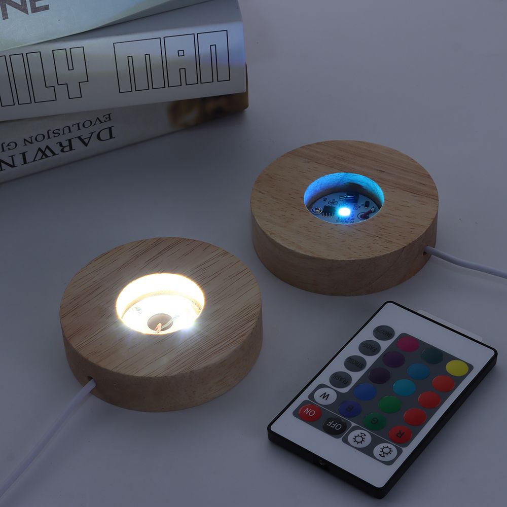 Đế phát sáng LED đế bóng pha lê điều khiển từ xa Giao diện USB 5V tròn gỗ rắn trang trí đèn ngủ đầy màu sắc gradient