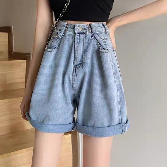 Quần short jean nữ KABICO quần short nữ ngắn kaki cạp cao ống rộng xắn gấu phong cách C41