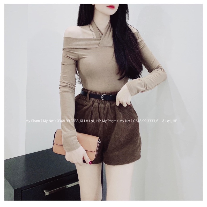 quần short nhung kèm đai màu đen - nâu