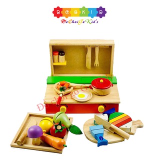 Combo đồ chơi nấu ăn bằng gỗ Winwintoys - bộ nấu ăn - bộ cắt 2 cá- 5 loại trái cây