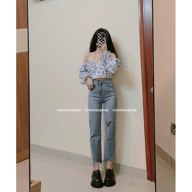 quần jeans ống đứng co giãn rách