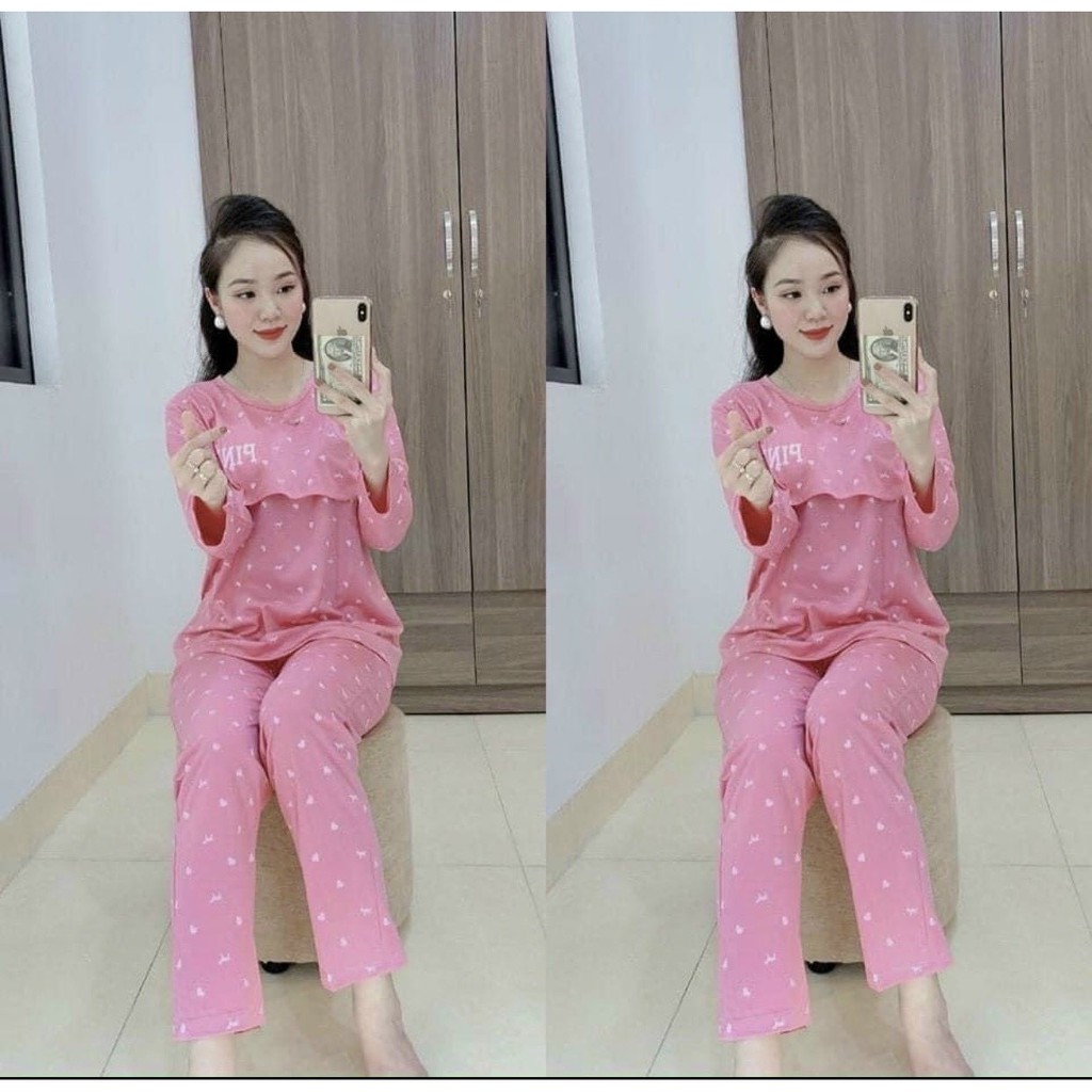 Bộ đồ bầu DÀI TAY PINK thiết kế lật ti cho mẹ bầu dễ dàng cho con ti