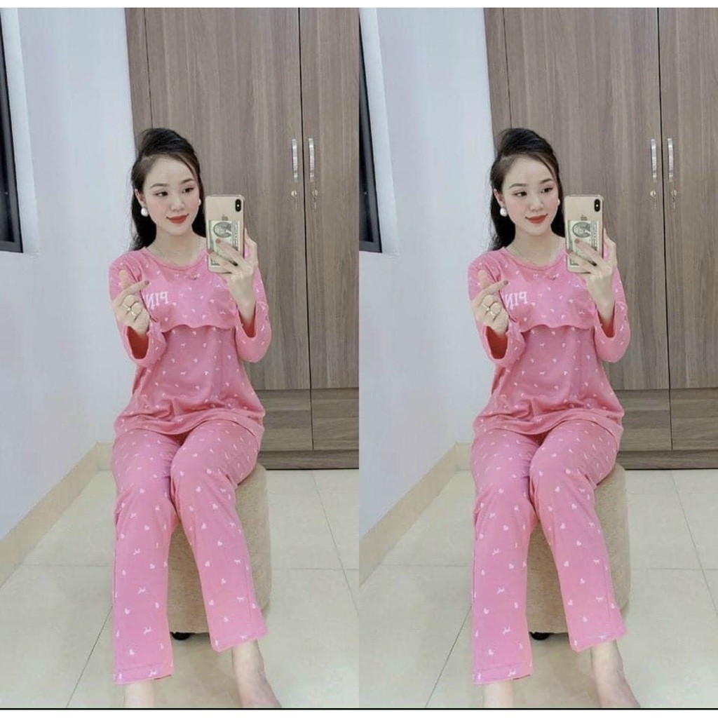 Đồ bộ bầu pink lật ti dài tay mặc nhà và cho con bú loại đẹp