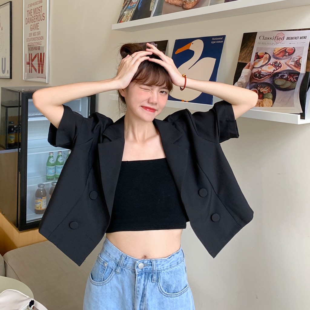 Xiaozhainv Áo Khoác Blazer Tay Ngắn Thời Trang Thanh Lịch Cho Nữ