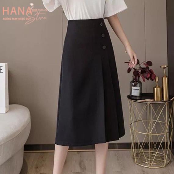 Chân váy công sở dài qua gối dáng chữ A xếp ly bản to khóa sau phối 3 cúc - Màu đen trắng nâu - Vải dày mặc đi tiệc biển | BigBuy360 - bigbuy360.vn