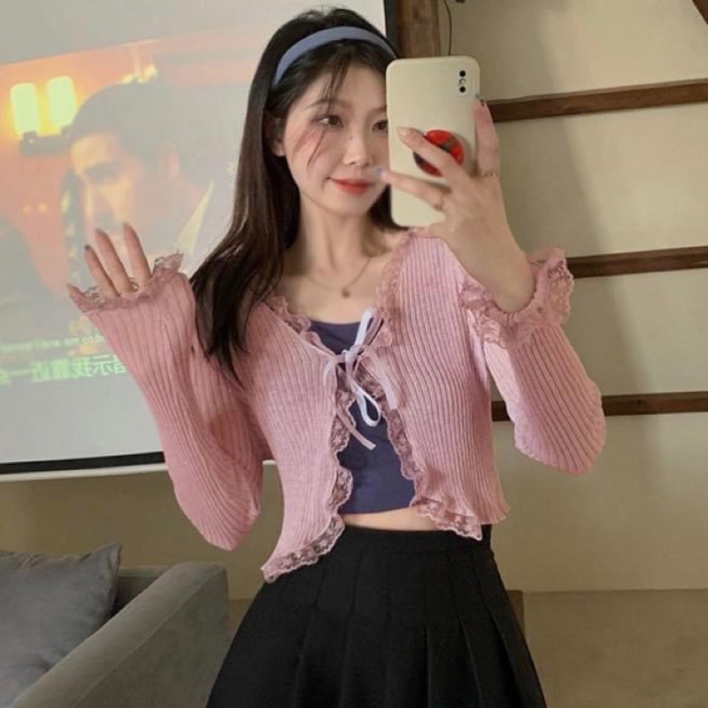 Áo khoác cardigan kiểu nữ thun len mỏng voan phối ren bèo tay dài croptop ôm trơn - Order taobao quảng châu