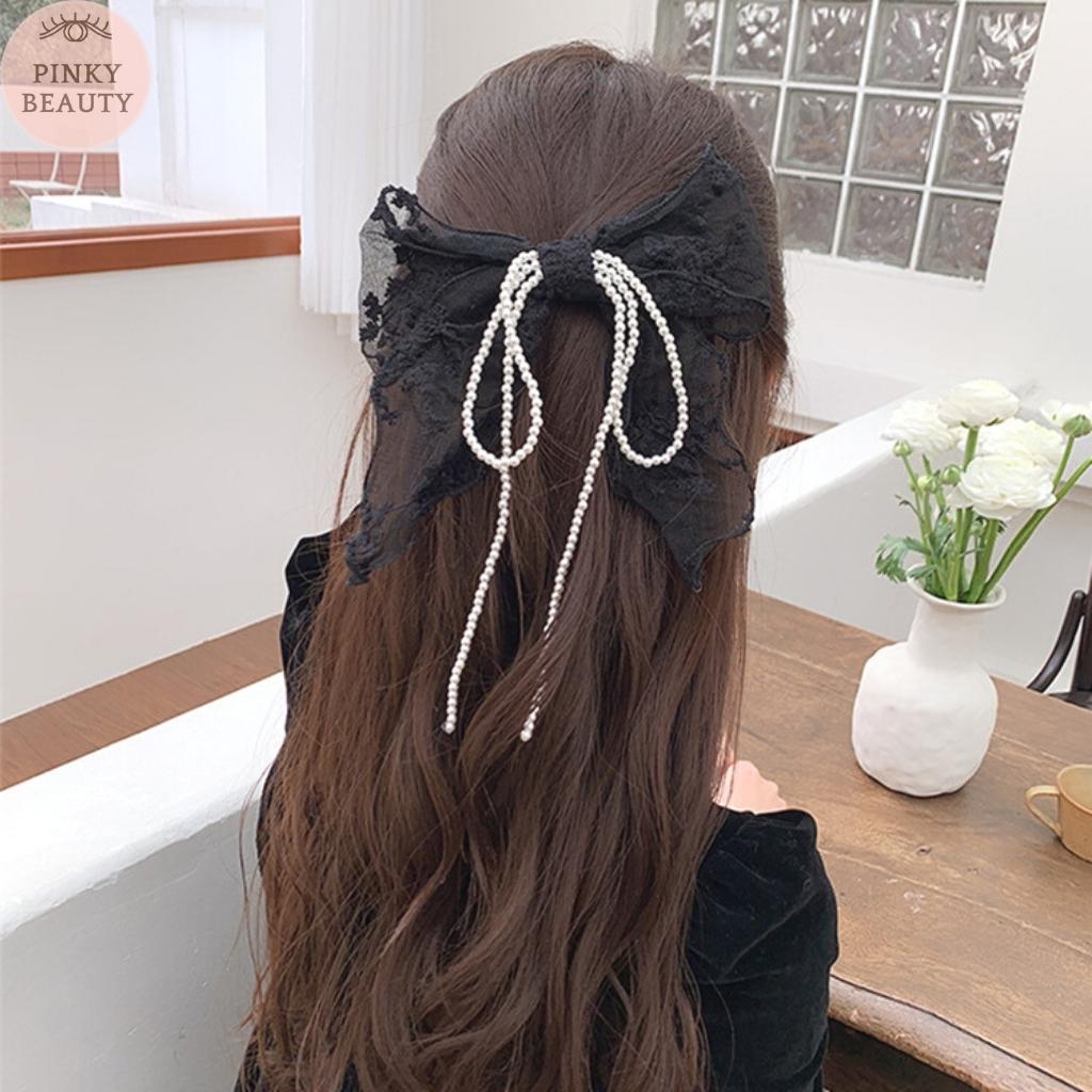 Kẹp Tóc Hình Nơ Phối Ren Đính Ngọc Trai Nhân Tạo Kẹp Nơ Tiểu Thư Phong Cách Hàn Quốc Xinh Xắn Dễ Thương - Pinky Beauty