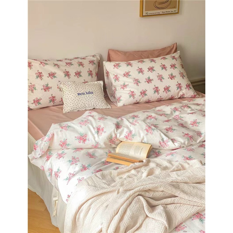 Chăn Ga Gối Cotton Living 💝 FREESHIP 💝 Bộ Chăn Ga Cotton 100% " Hồng Chùm " nhập khẩu 4 món