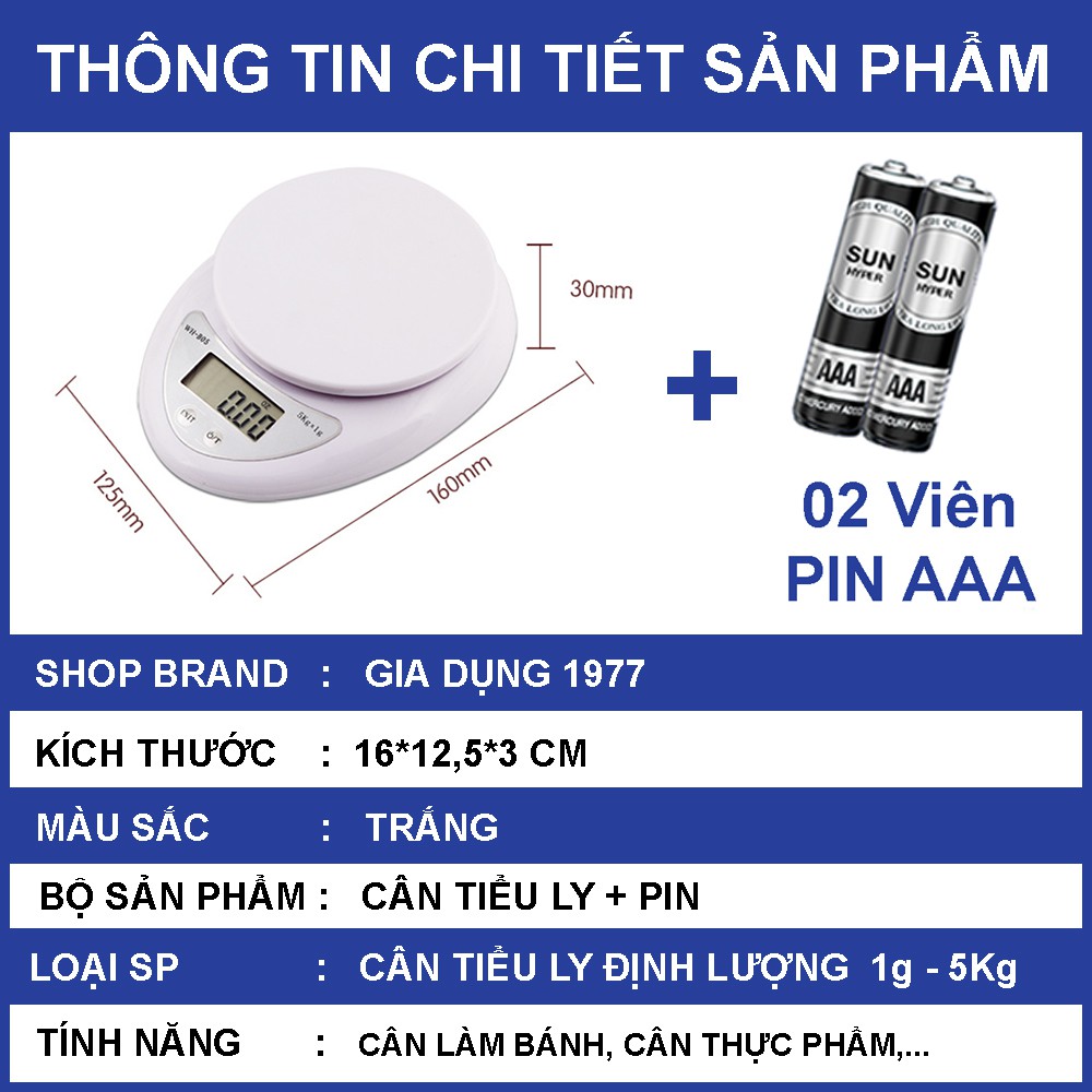 Cân tiểu ly điện tử nhà bếp mini định lượng 1g - 5kg, Cân tiểu ly làm bánh độ chính xác cao kèm 2 viên pin AAA.atruong