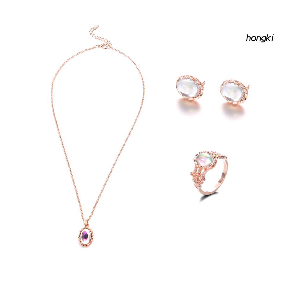 Bộ Trang Sức Nhẫn+Vòng Cổ+Bông Tai Hợp Kim Đính Đá Opal Nhân Tạo Hình Oval Sang Trọng