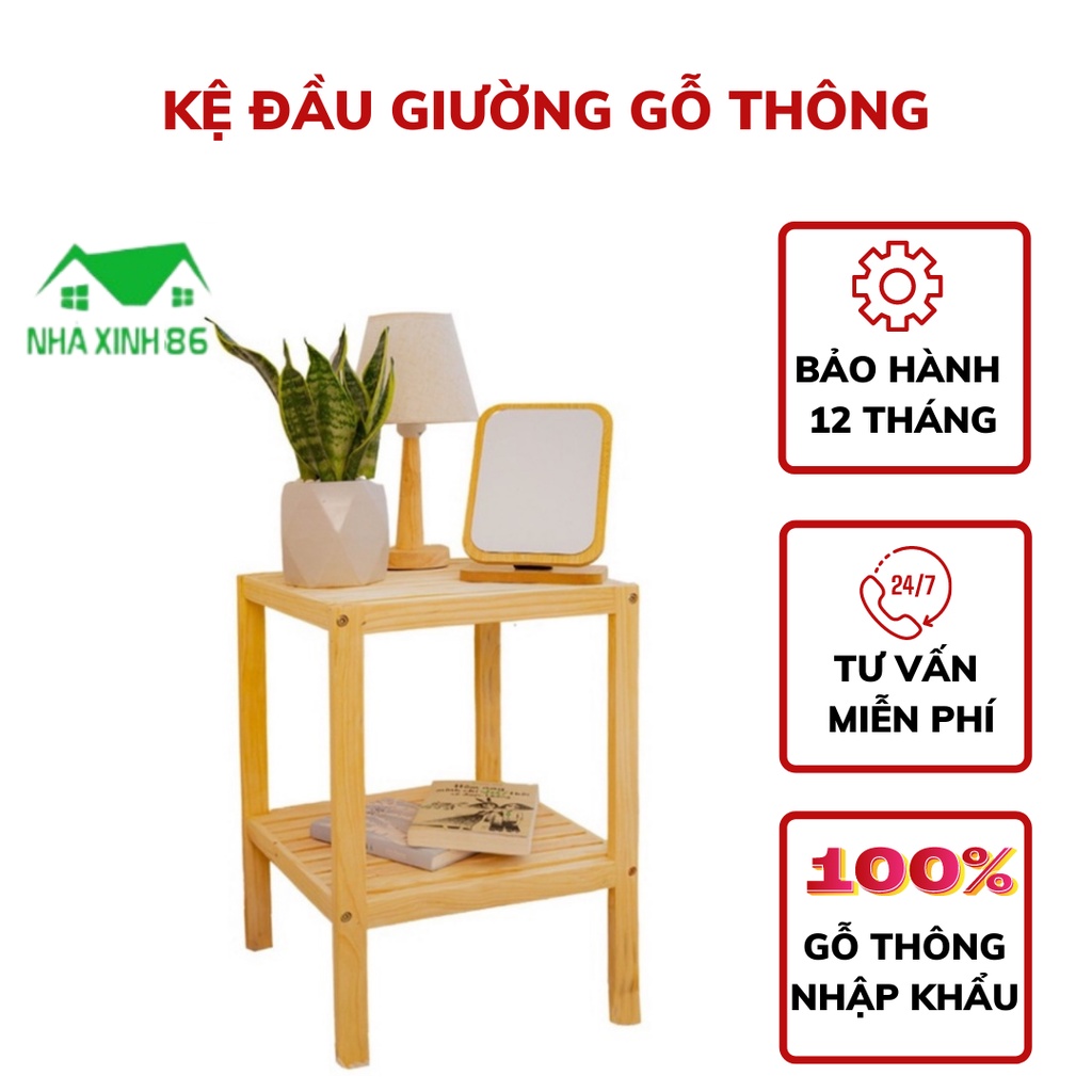 Kệ gỗ tab đầu giường 2 tầng gỗ thông tự nhiên, đã qua xử lý, không mối mọt l Kệ đầu giường bằng gỗ decor phòng ngủ