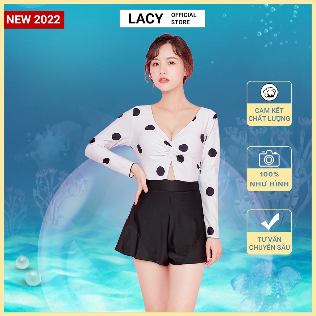 Bộ Đồ Bơi Nữ Tay Dài Quần Dáng Váy Áo Chấm Bi Trẻ Trung B131 LACY