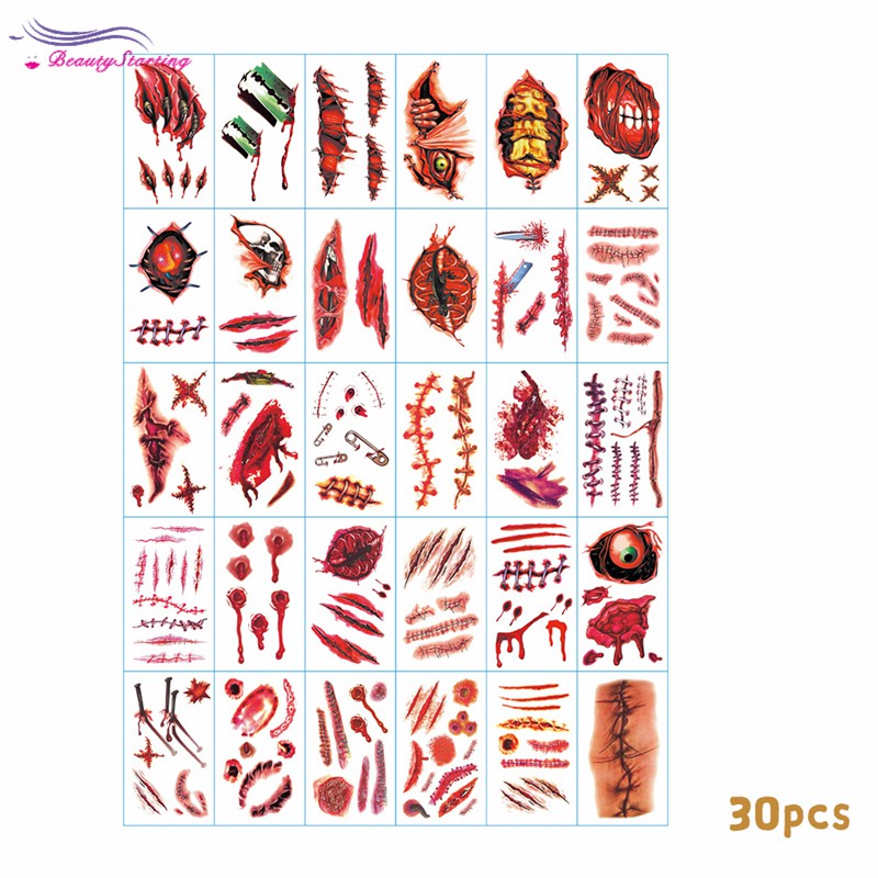 Set 30 sticker dạng hình xăm tạm thời kháng nước chủ đề Halloween độc đáo để hóa trang