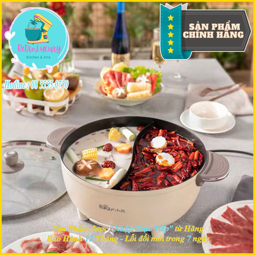 Nồi lẩu điện uyên ương 2 ngăn chống dính BEAR màu kem/đỏ cao cấp bảo hành 12 tháng