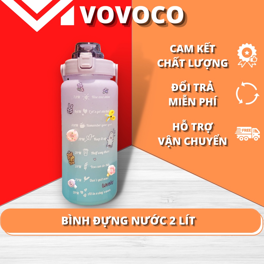 Bình đựng nước 2 lít có chia vạch và giờ nhắc nhở uống nước đúng thời gian có kèm theo sticker đáng yêu vovoco