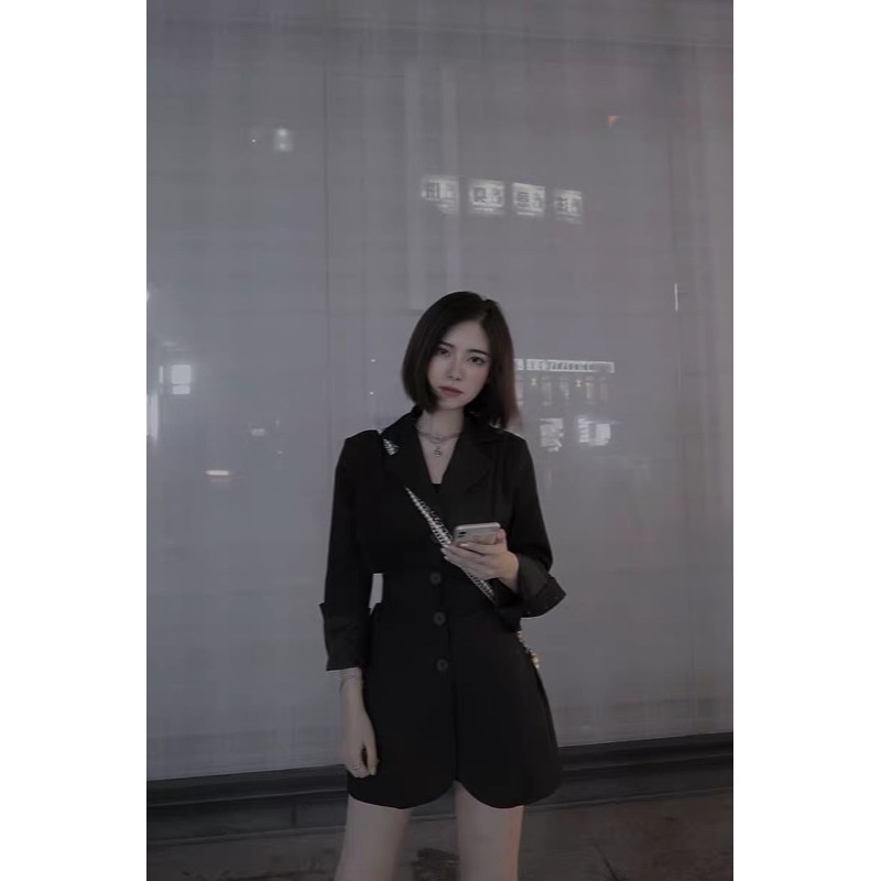 HÀNG SẴN🖤Đầm xoè vest cut out tay dài khoét lưng sexy quyến rũ|Đầm ulzzang sơ mi cổ v hở eo dạo phố sang chảnh