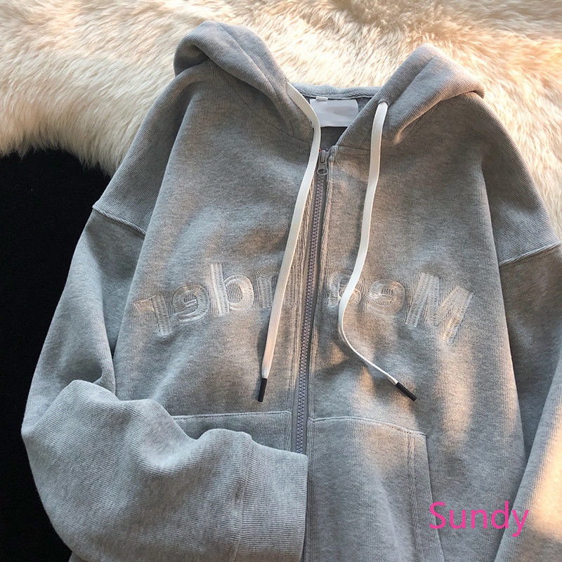 Áo Khoác Hoodie Dáng Rộng Thêu Chữ Plus Size Cho Nữ