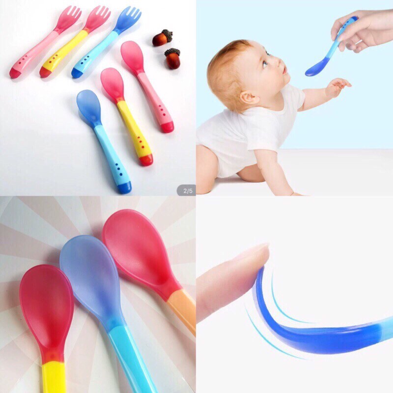 Ninikids: Thìa/ dĩa biến nhiệt đồ dùng ăn dặm thìa tập xúc cho bé