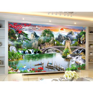 Tranh dán tường 3D cho người Mệnh Mộc - Vải lụa phủ kim sa