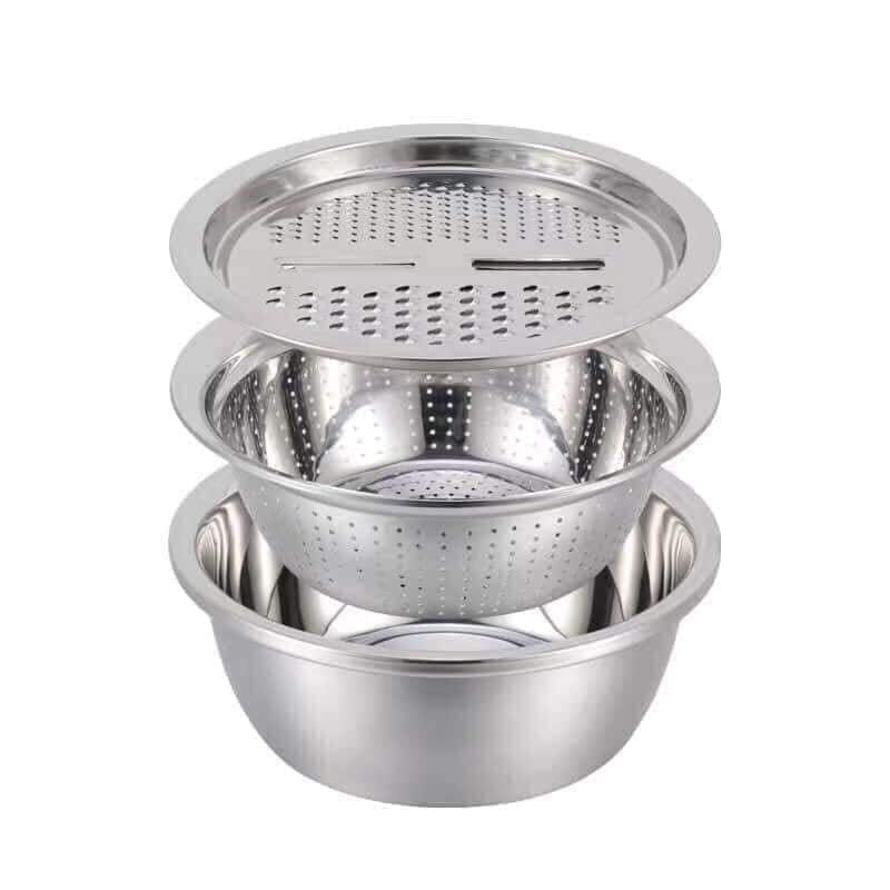 Bộ Nạo Rau Củ Quả INox 304 đa năng 3in1 Cao Cấp, Rổ bào Rau Củ nạo vỏ bào sợi đa năng kiêm Rổ và Chậu Inox tiện lợi