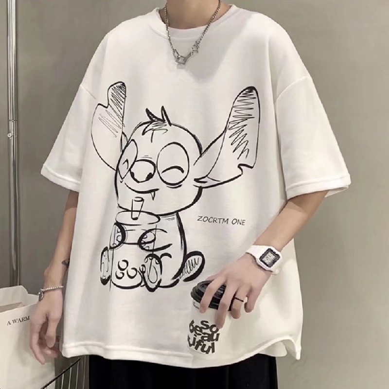 Áo Thun Tay Ngắn Cổ Tròn Dáng Rộng In Họa Tiết Hoạt Hình Phong Cách Hàn Quốc Thời Trang Mùa Hè Cho Nam Size M-8XL
