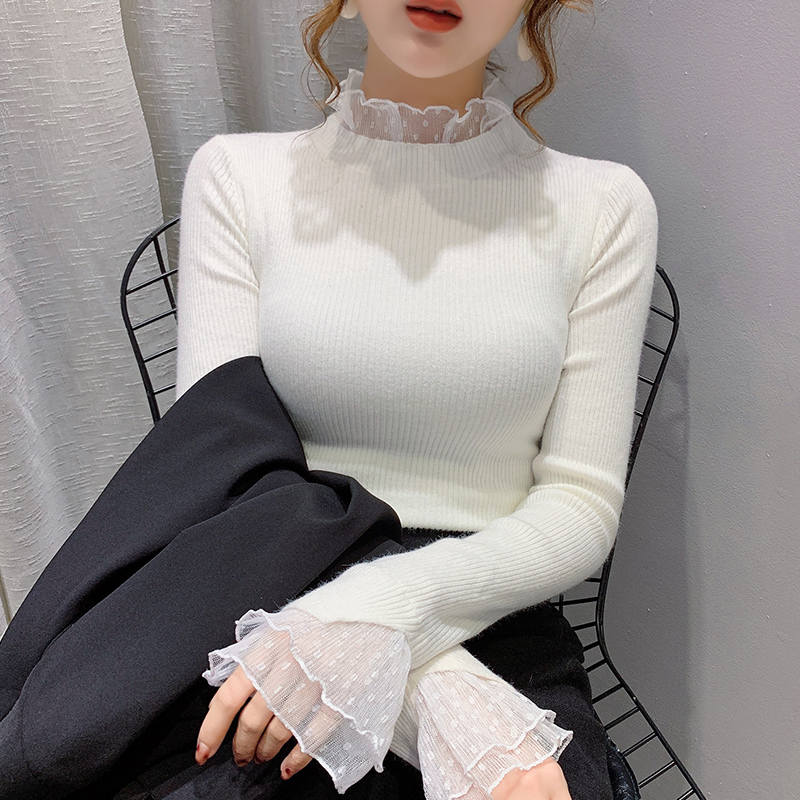 Áo sweater RENJIANVSHENG dệt kim tay dài phối ren hoa thiết kế ôm sát tôn dáng gợi cảm