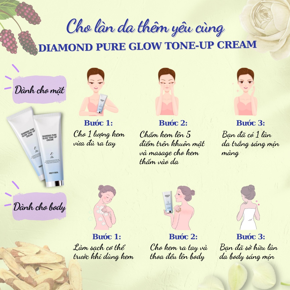 Kem dưỡng nâng tone Prettyskin Face &amp; Body Diamond Pure Glow Tone Up Cream 100ml cho da sáng mịn