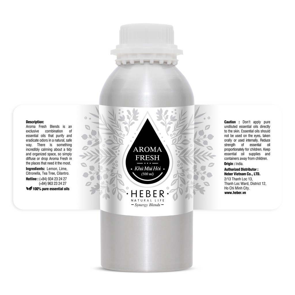 (Chai 500ml/1000ml)Tinh Dầu Khử Mùi Hôi Aroma Fresh Blend Heber Natural Life, Cao Cấp Nhập Khẩu, Thiên Nhiên Nguyên Chất