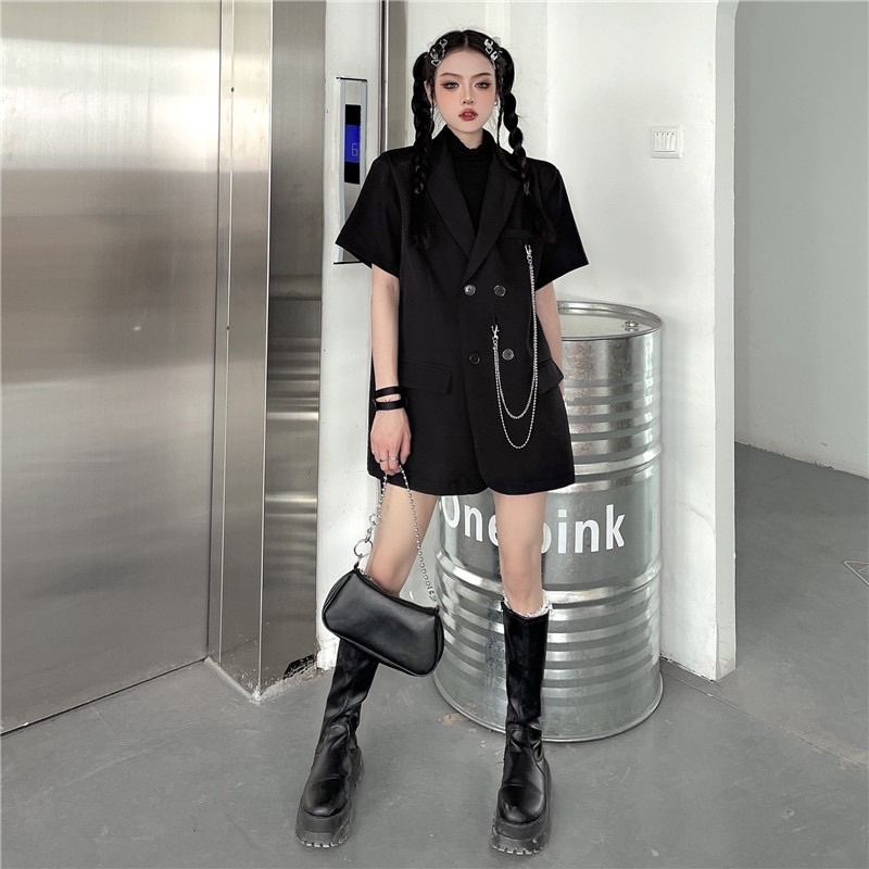 Áo Blazer Nữ [Tiệm Vải Xinh] Áo Blazer Cộc Tay Kèm Dây Xích Cá Tính - 1 Lớp BL002