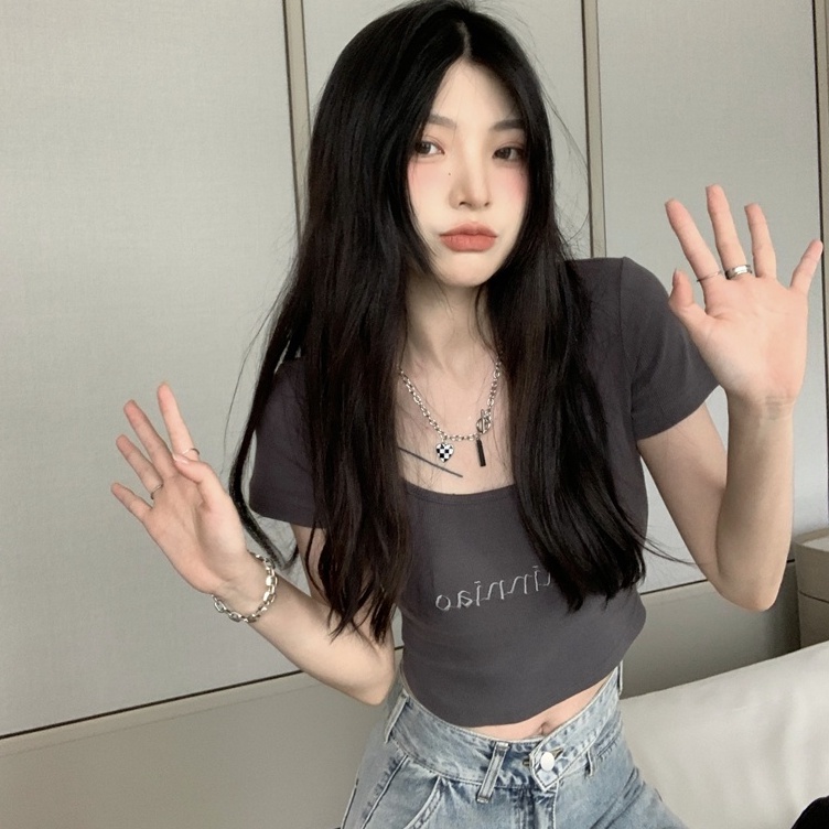 QKOOLE Áo thun croptop tay ngắn cổ vuông phong cách cổ điển Hàn Quốc cho nữ