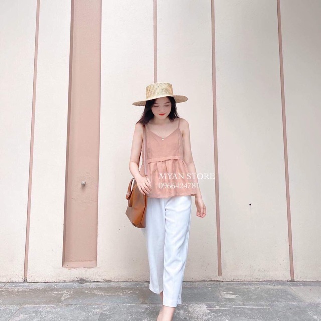 Sét đũi 2 dây hồng + quần ống rộng trắng BYO777