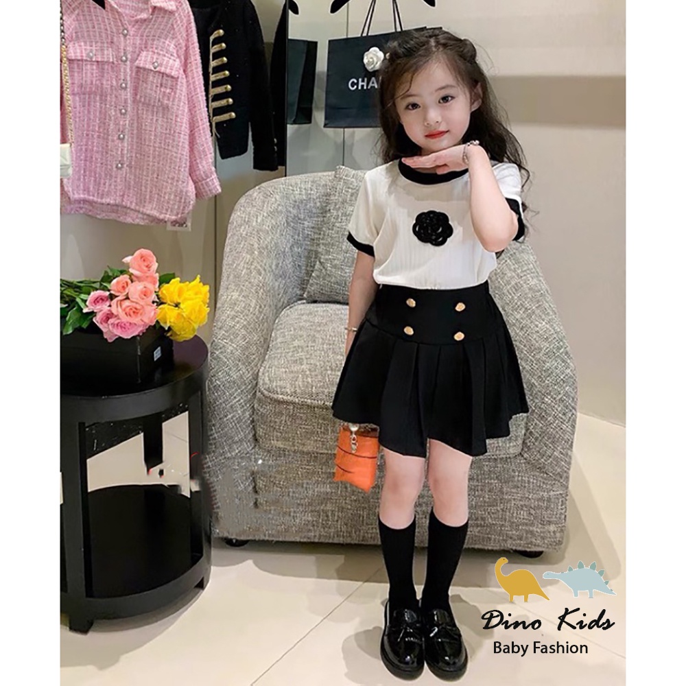 Sét váy tiểu thư cho bé gái, set áo tăm đũa hoa trà đen phối chân váy xòe xếp ly ( có lớp lót) cho bé sz 10-32kg