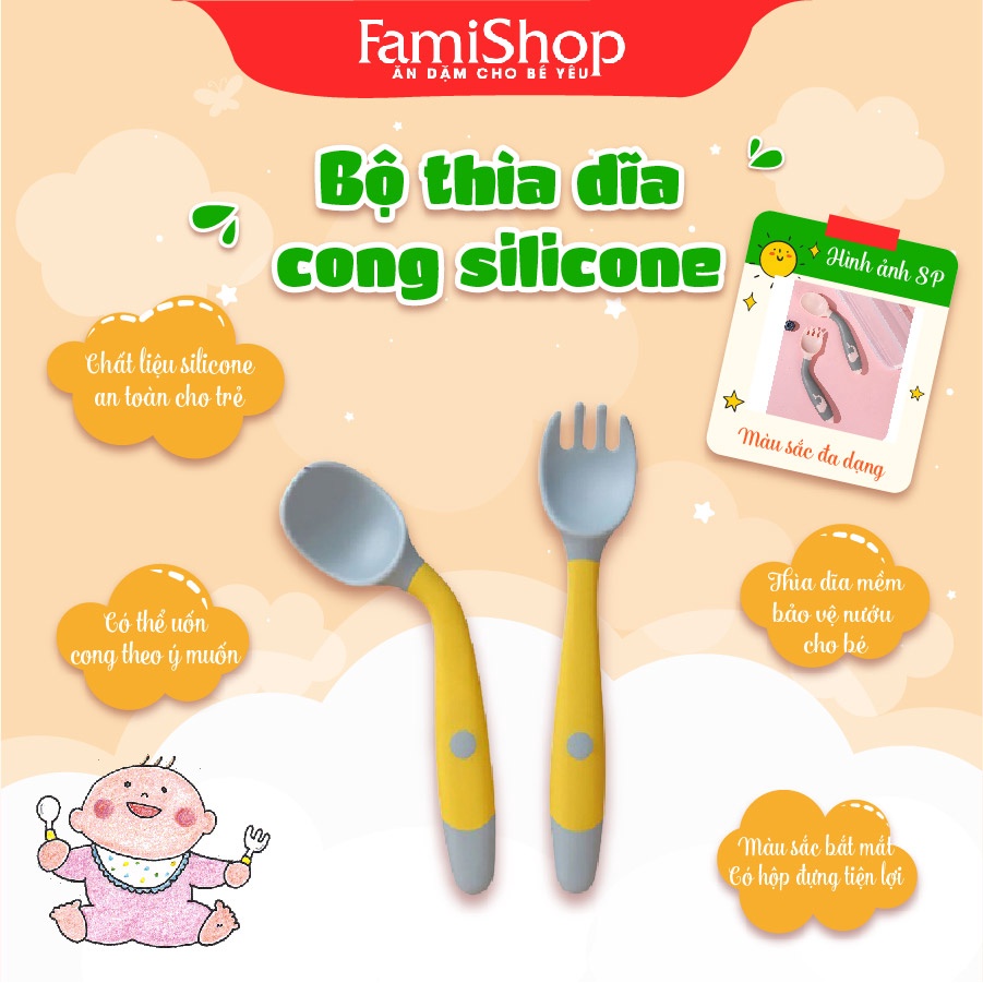 FamiShop Bộ thìa dĩa silicone uốn cong cho bé tập xúc