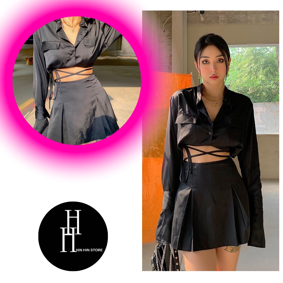 Set lụa ngắn áo tay dài &amp; chân váy cột dây sexy tôn dáng HS128 Hỉn Hỉn Store
