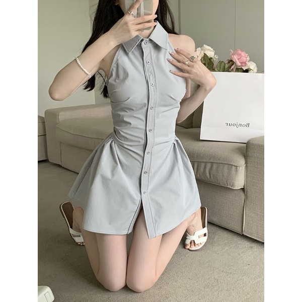 (SẴN) Váy sơ mi cổ yếm thô dày