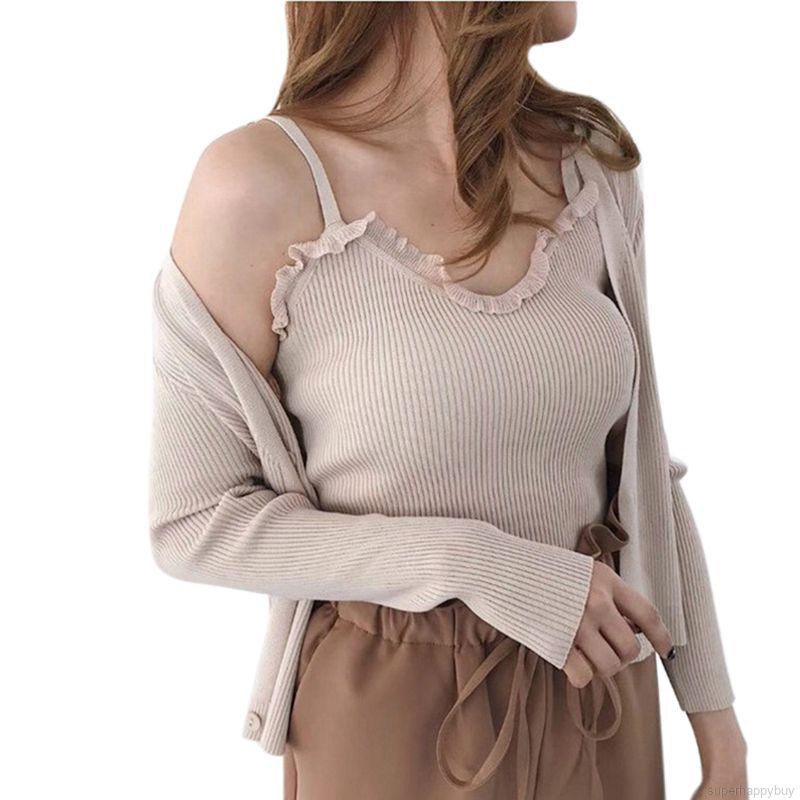 Áo 2 dây bằng len đan màu đơn sắc gợi cảm viền phối ren xinh xắn