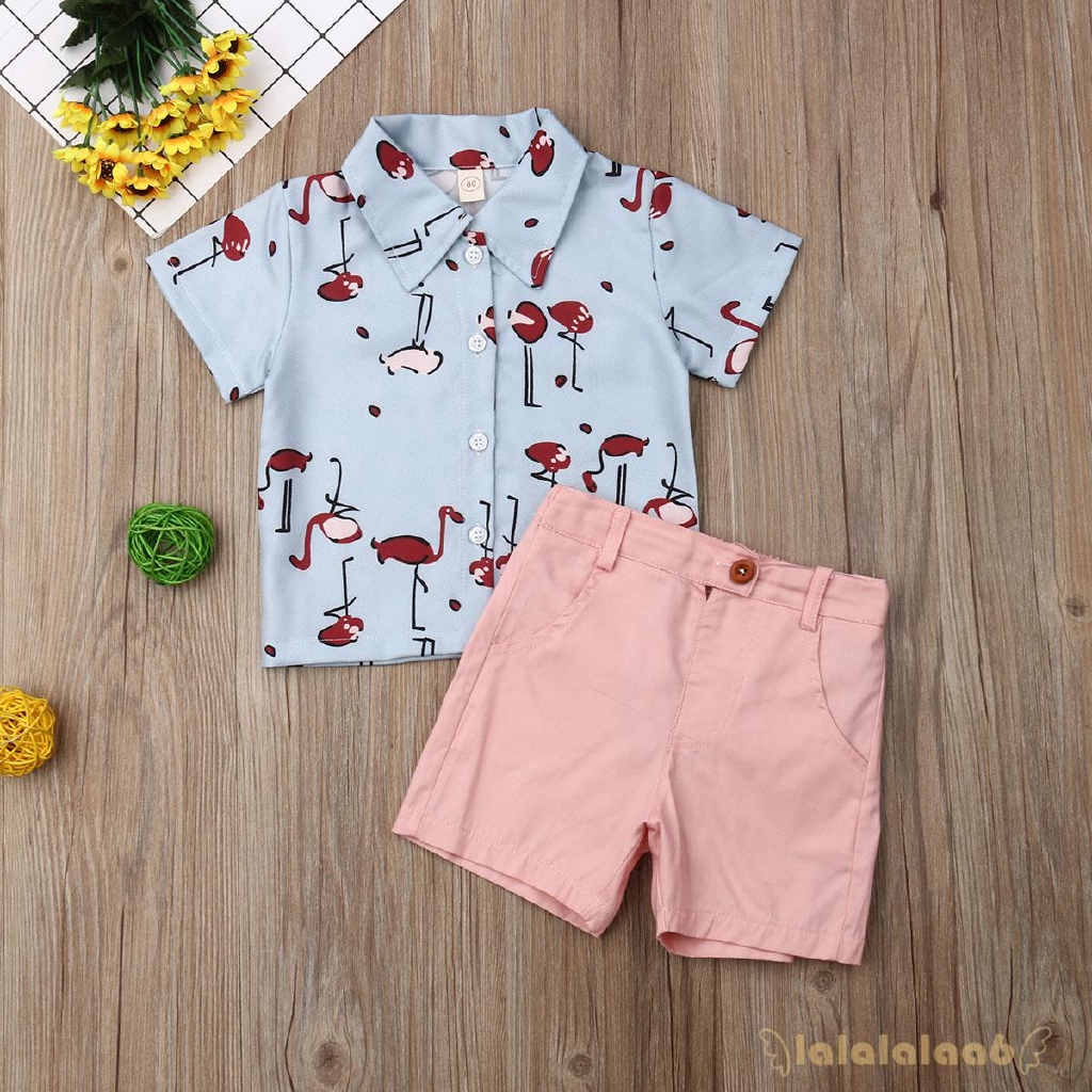 Set áo sơ mi ngắn tay + quần short lưng thun họa tiết hồng hạc dành cho bé