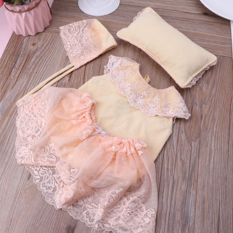 Mary☆Newborn Baby Photography Props Soft Lace Positioner Pillow  Flowers Hat+Dress Outfits Set