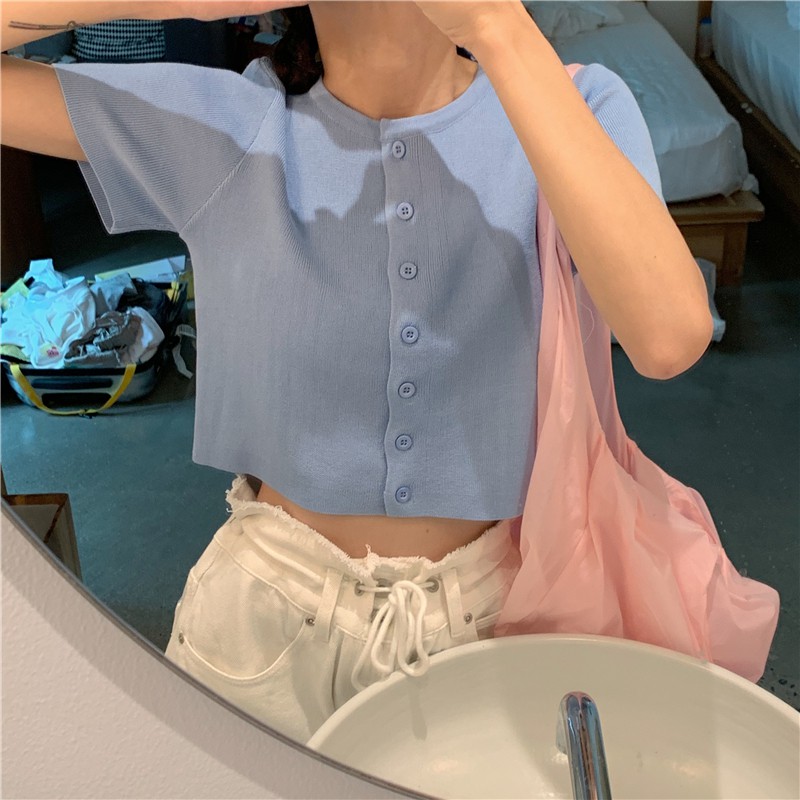 Áo croptop len dệt kim AimeiBeauty tay ngắn dễ thương | BigBuy360 - bigbuy360.vn