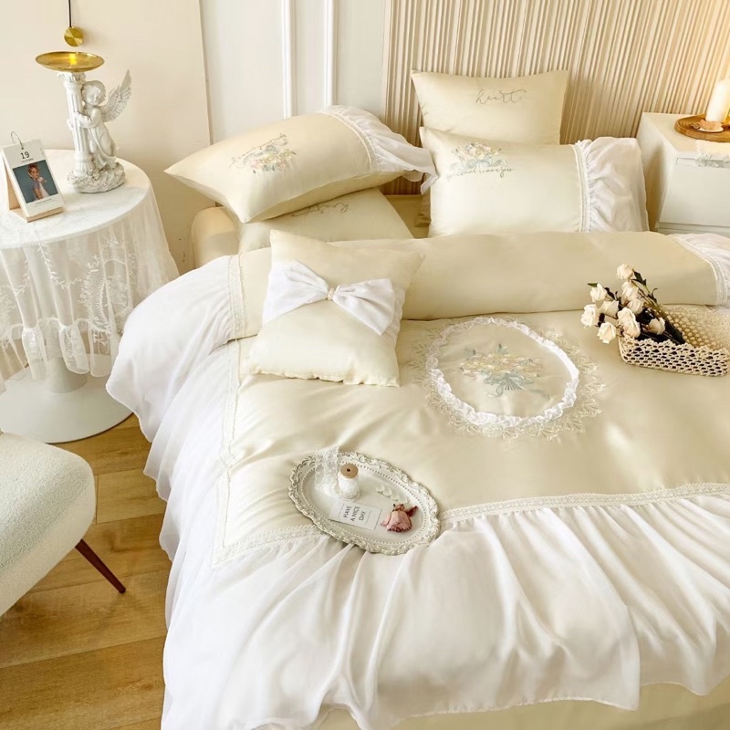 Bộ chăn ga gối •Tencel 80s phủ viền ren bánh bèo công chúa cuốn hút ánh nhìn Bee House