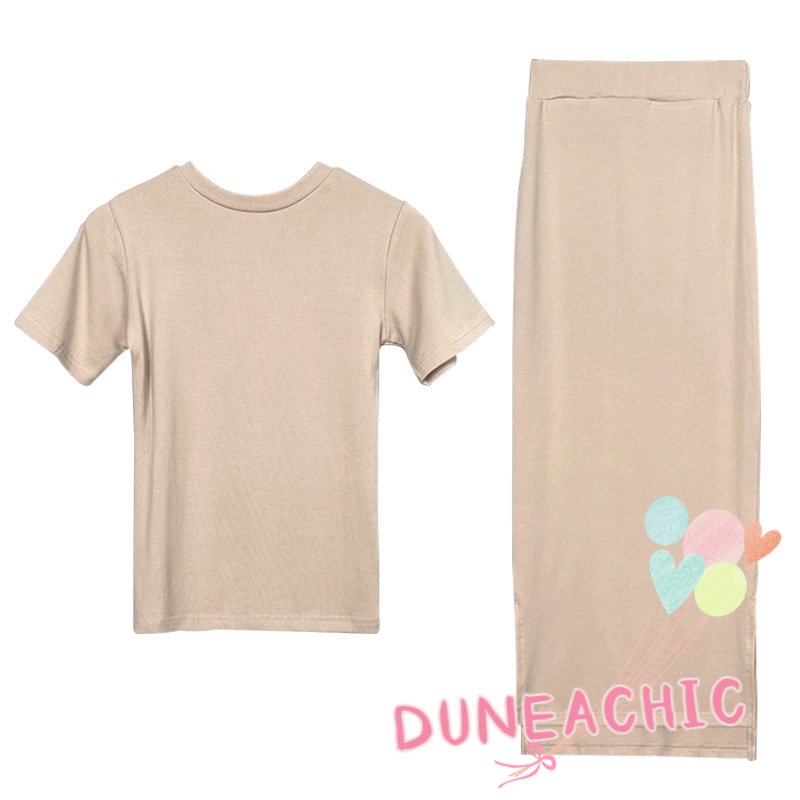 DUNEA Set đồ gồm áo thun ngắn tay và chân váy xẻ tà phong cách quyến rũ