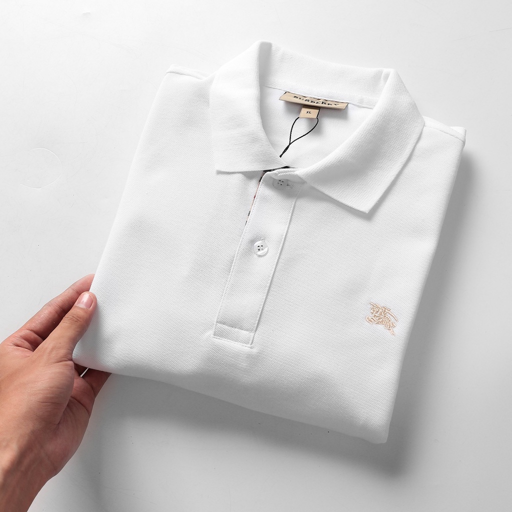 Áo thun nam có cổ xuất khẩu, áo thun polo BURBERRY tay ngắn vải cotton gai co giãn màu trắng