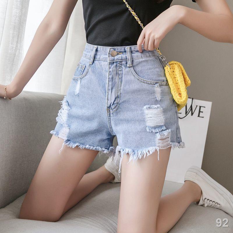 Iquần short denim nữ lỗ màu xanh nhạt mùa hè năm 2021 mới ăn xin ống rộng cạp cao kiểu hàn quốc hot thời trang
