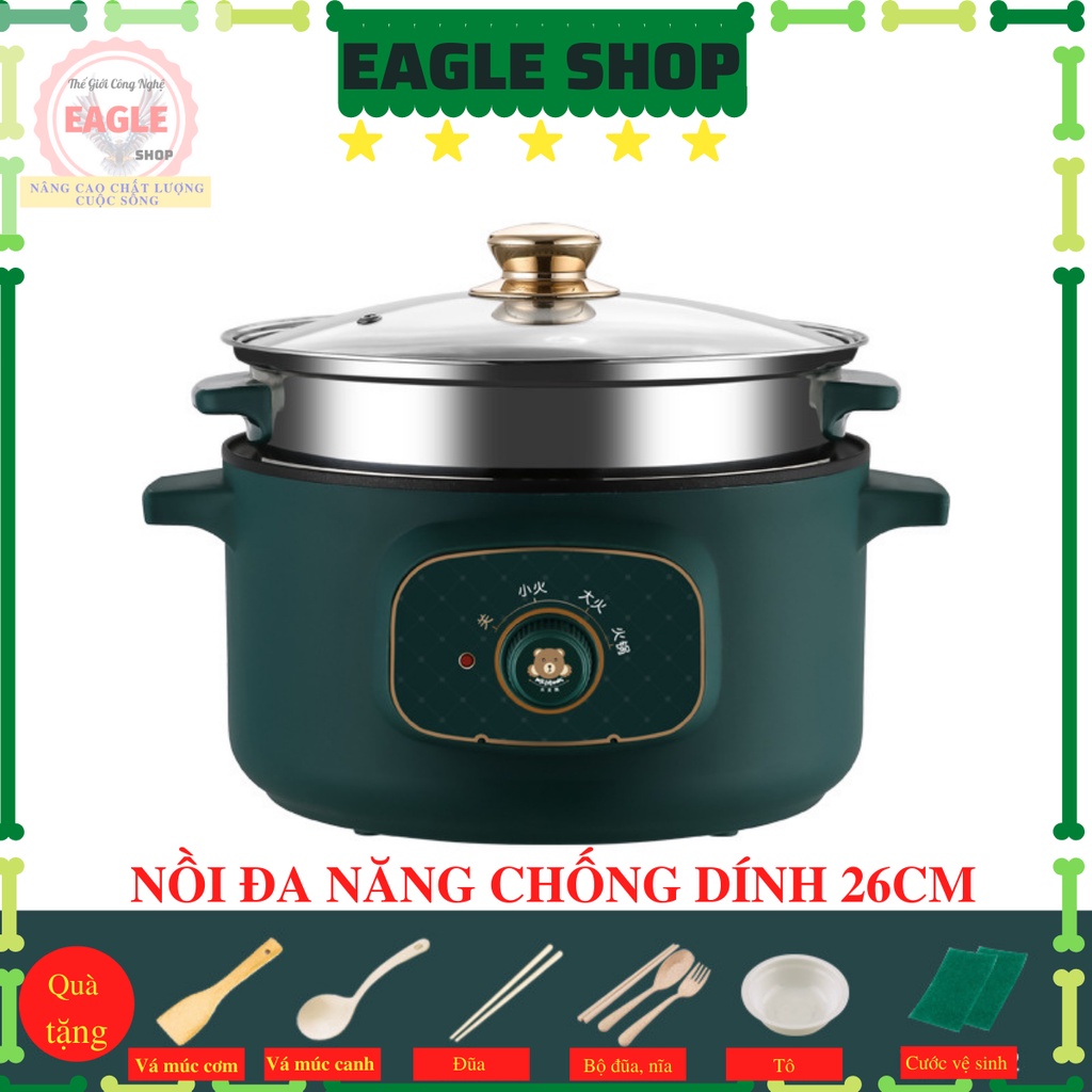 Nồi Lẩu Điện Đa Năng Kèm Hấp Inox Cao Cấp - Nấu Cơm, Lẩu, Canh, Chiên, Xào,Cháo và Hấp - 26CM - Eagle Shop